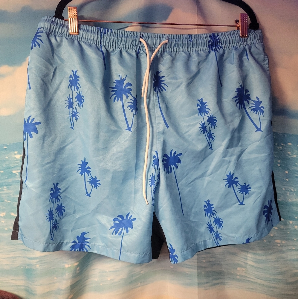 Shein Mens Blue Palm‎ Tree Swim Shorts Trunks Size XXL